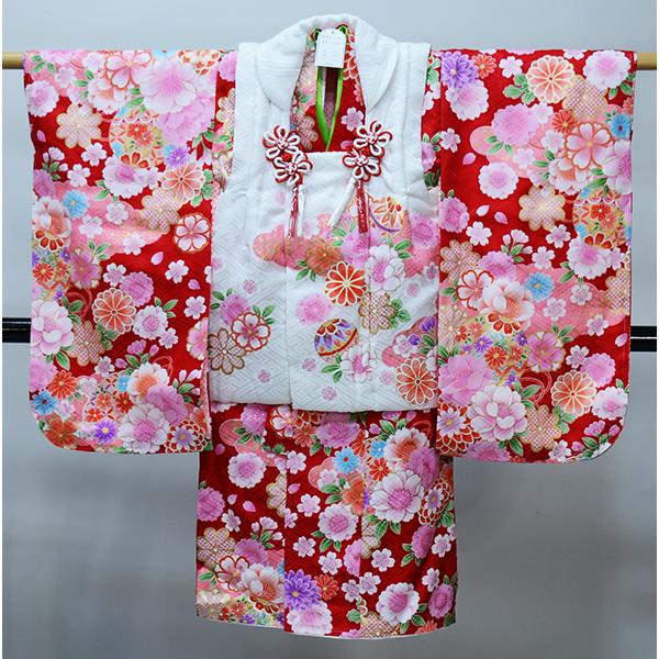 七五三 三歳 女児 被布着物セット 正絹 夢想 百花繚乱 白×赤 3歳 3才 