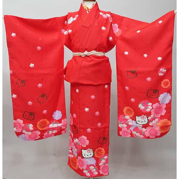 七歳 女児 着物と長襦袢セット 仕立て上がり 赤地 ハローキティー 日本