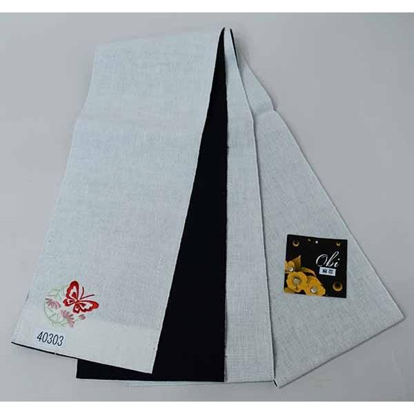 半幅帯 麻帯 浴衣帯 麻100% 本麻 日本製 蝶々と花の刺繍入り 白色×黒
