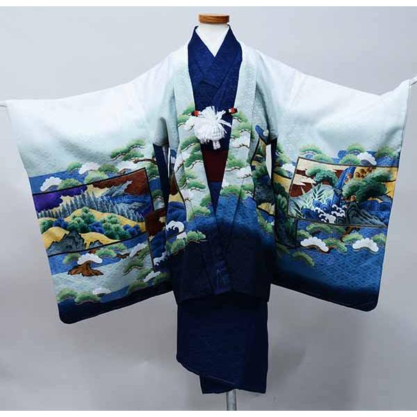 七五三 五歳 男児 羽織・着物・襦袢3点セット L寸 金刺繍 綸子地 濃紺地 鷹 七五三 五歳 男児 羽織・着物・襦袢3点セット 綸子地 白地×濃紺