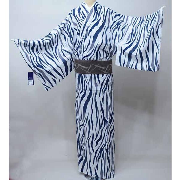 浴衣 男性用 単品 仕立て上がり 白色×紺色 ゼブラ柄 5Lサイズ 綿100