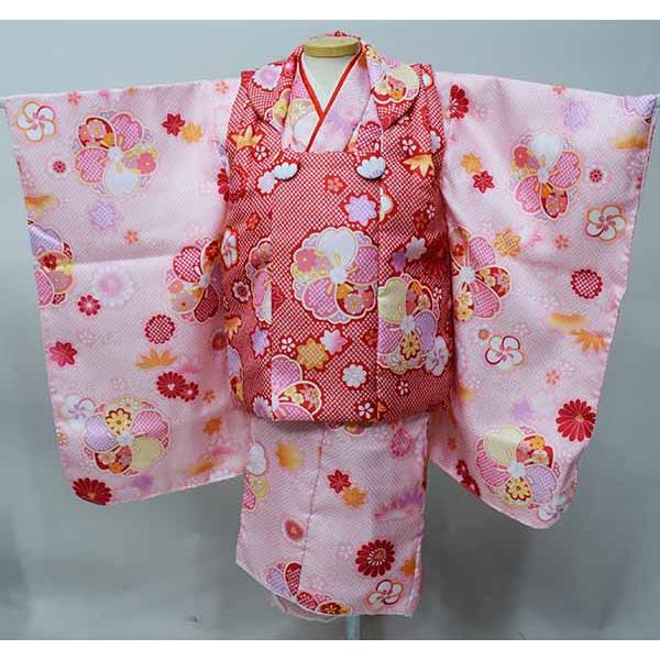 七五三 三歳 女児 被布着物フルセット 百花繚乱 赤色×ピンク 祝着 三才 