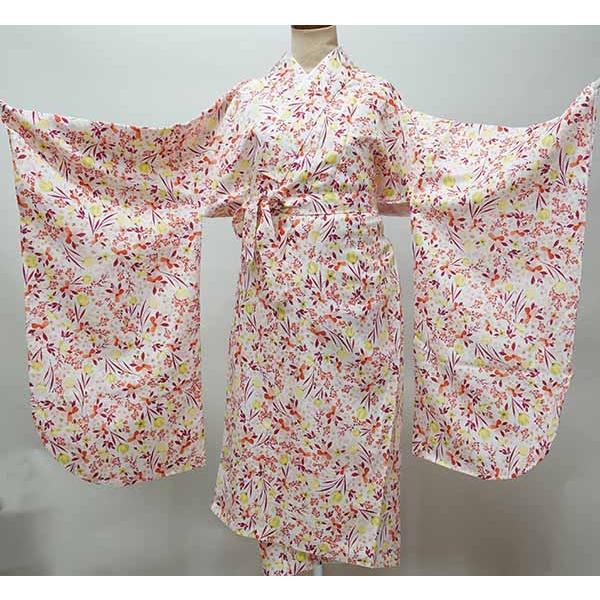 二尺袖着物 ジュニア用 単品 仕立て上がり 160cmサイズ 百花繚乱 白地  