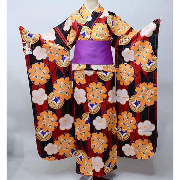 振袖 着物 単品 合繊 仕立て上がり 和遊日 赤色×黒色 小紋柄 梅の花  