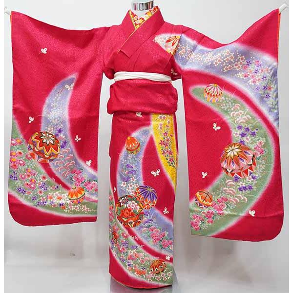 七歳 7歳 7才 七才 女児 着物と長襦袢セット 仕立て上がり 赤色 鞠