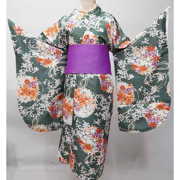 二尺袖着物 単品 仕立て上がり 着物丈はショート丈 くすみグリーン  