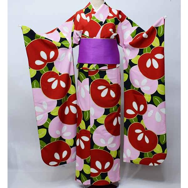 振袖 着物 単品 合繊 仕立て上がり 大柄 黒色×ピンク×赤色 小紋柄 成人  