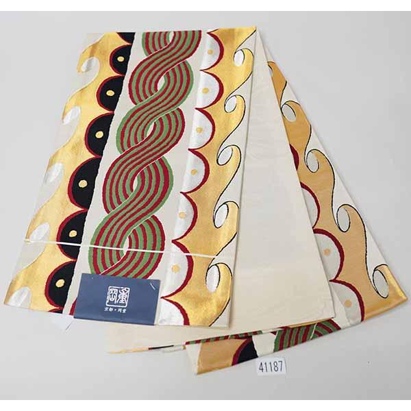 袋帯 六通 仕立て上がり 日本製 岡重 絹80％ 合繊20％ ゴールド×緑×白  