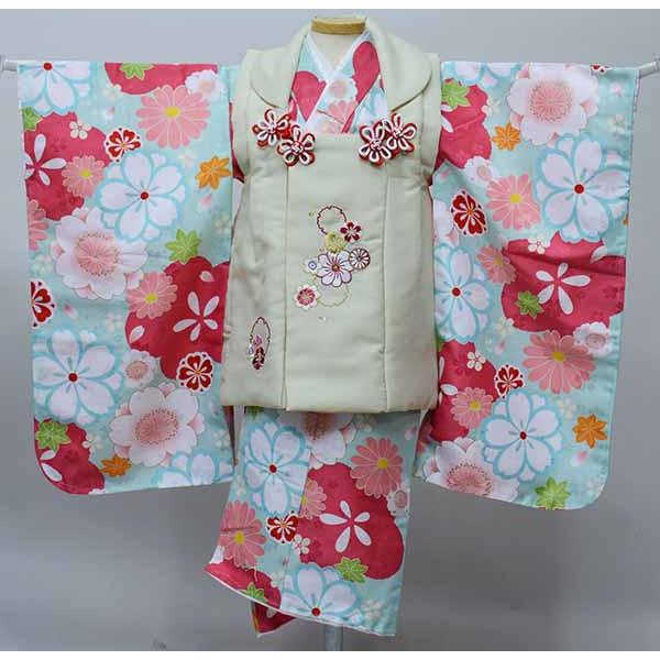 七五三 三歳 女児 被布着物フルセット 水色 刺繍半襟 伊達衿付き お仕立て無料 七五三 三歳 女児 被布着物フルセット 被布に刺繍入り 伊達襟付き 水色