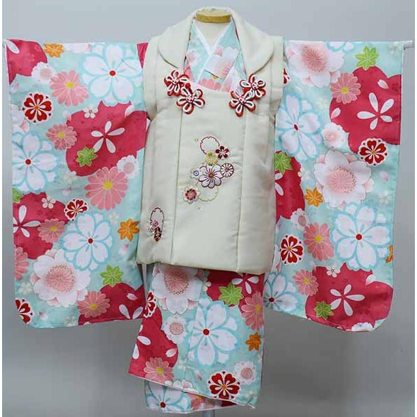 七五三 三歳 女児 被布着物フルセット 被布に刺繍入り 伊達襟付き 水色