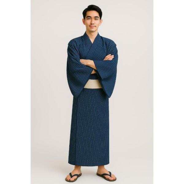 浴衣 しじら 単品 男性用 Mサイズ 綿85％ 麻15％ しじら織り 紺色 縞柄