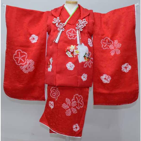 七五三 三歳 女児 被布着物セット 正絹 夢想 絞り 被布に刺繍入り 赤色 