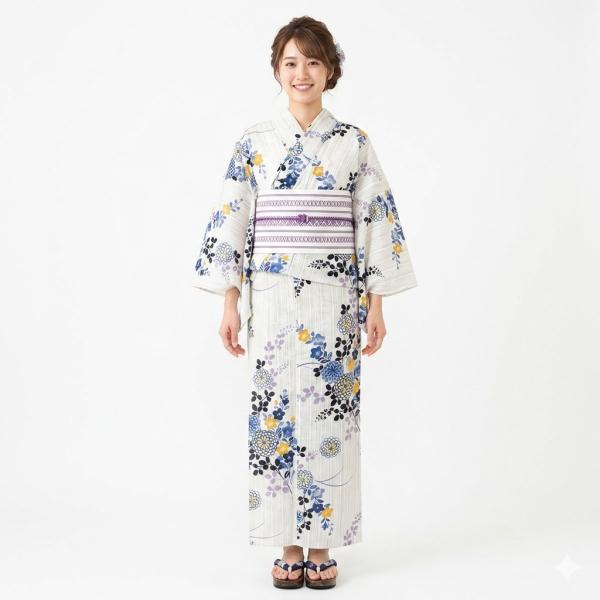 紺地に薄桃立涌ライン◇菊と桔梗柄浴衣 未使用極美品 浜松織物 長尺 紺地に薄桃立涌ライン◇菊と桔梗柄浴衣 未使用極美品 浜松織物 長尺
