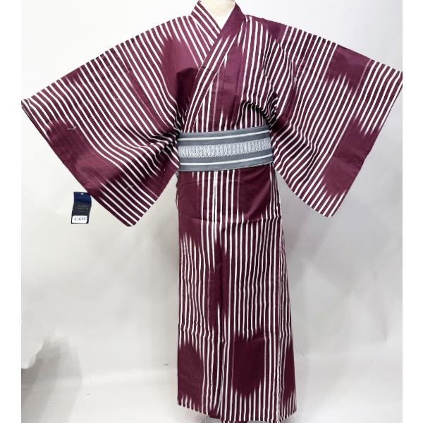 浴衣 単品 男性用 仕立て上がり Lサイズ 綿100％ えんじ色 縞柄
