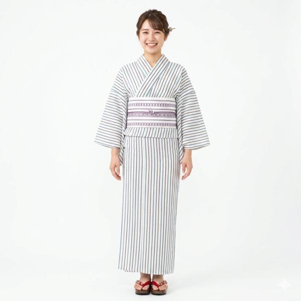 浴衣 単品 女性用 仕立て上がり しじら織 綿85％ 麻15％ 縞柄 白地