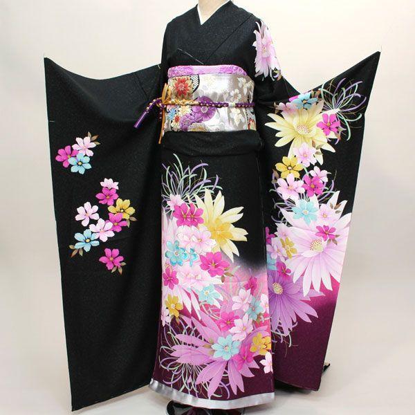 振袖 正絹 未仕立て オーダーメイド 百花繚乱 着物単品 黒地 新品（株 