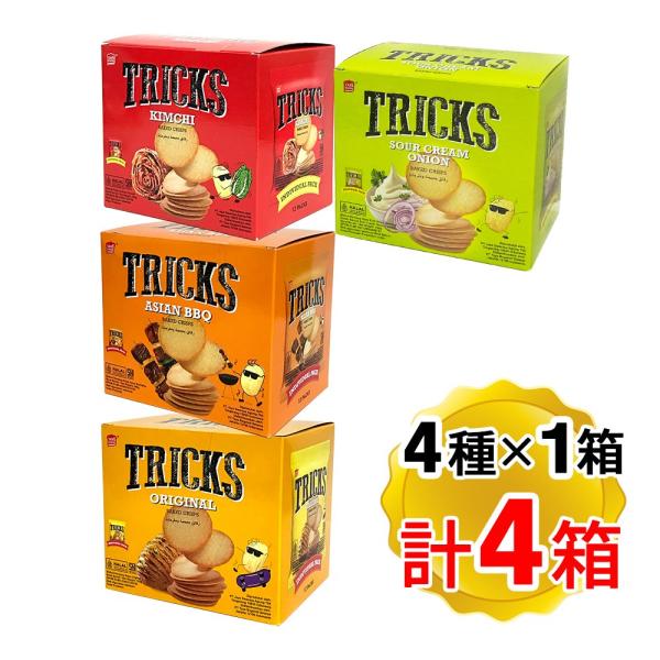 【商品詳細】●小麦粉とじゃがいもを使ったノンフライチップス、4種セットです。　オリジナル：クリスピーな食感とじゃがいもの風味が楽しめます。　キムチ：ピリッとしたやみつきになる辛さです。　アジアンBBQ：ほんのりスパイシーで甘みが絶妙です。　...