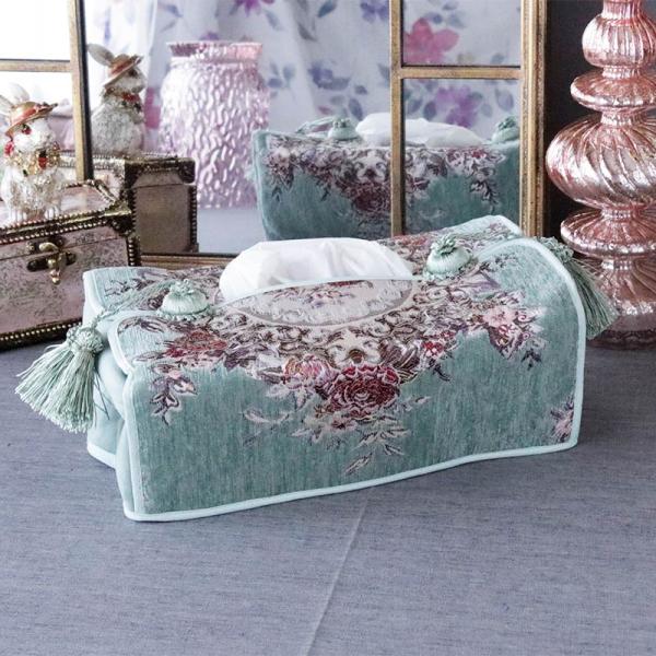 ティッシュケース おしゃれ 薔薇柄 タッセル クラシカル グリーン