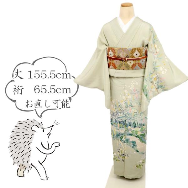 訪問着 作家物 情景美 落款有 背紋有 グリーン 袷正絹着物 Mサイズ 身丈155.5cm 裄丈65.5cm 和装 HG11-7 中古 リサイクル