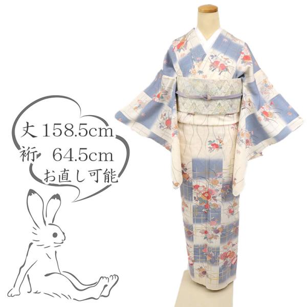 単衣□付下げ小紋□市松暈しに菊立涌に椿□白×灰青◇正絹着物◇HS4-8》