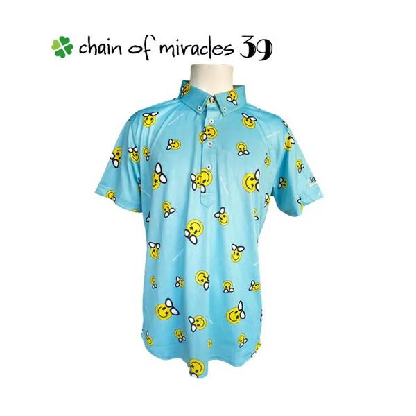 【在庫限り】 ゴルフ ウェア トップス 半袖 ポロシャツ メンズ ニコちゃん柄 総柄 Chain of miracle39 COM39-22-1105 チェイン オブ ミラクル 在庫限り】 ゴルフ ウェア トップス 半袖 ポロシャツ メンズ ニコ