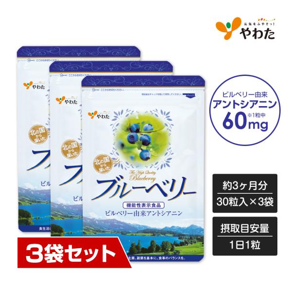 【送料無料・3袋セット】やわた 北の国から届いたブルーベリー 約3ヶ月分（30粒入×3袋）機能性表示食品 ブルーベリー アントシアニン 目 疲労感 ピント調節
