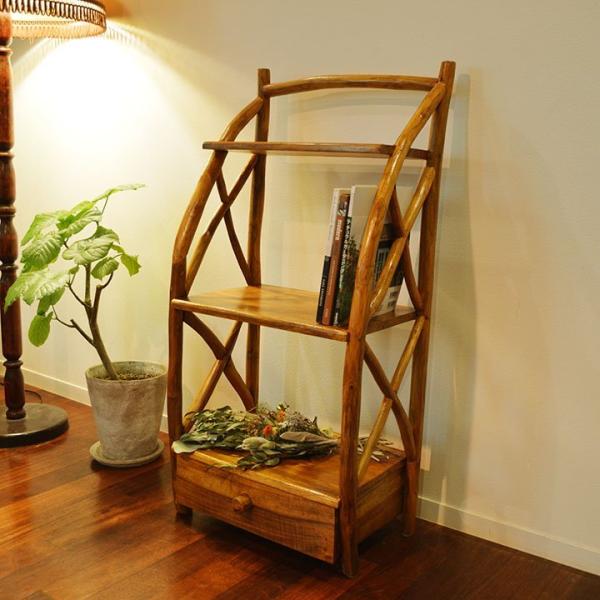 （引き取り専用）アジアン家具木製コーナーラック 彫刻入り アジアン家具 木製 バリ ♪ARブックラック1引出付きNA（A4サイズ収納OK