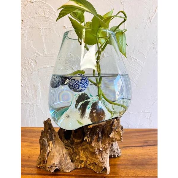 大人気！こちらは大きいですよ〜〜！新しい流木ガラスポットがバリ島から入荷しました！☆天然の流木のくぼみにバリ島のクリアブルーのガラスを流し込んでひとつひとつ手作りされた小さなガラスポットです。流木に合わせてガラスポットを作りますので、個々に...