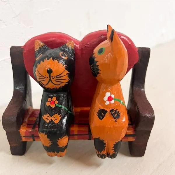置物 インテリア雑貨 猫 グッズ (キス猫ペアとハートベンチのSET