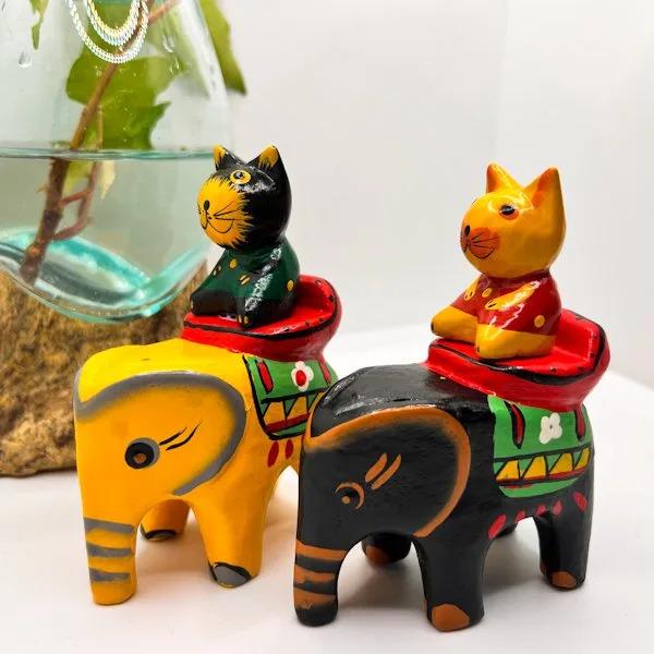 あすつく】アジアン雑貨 バリ ♪ゾウ乗りネコちゃん♪ 置物