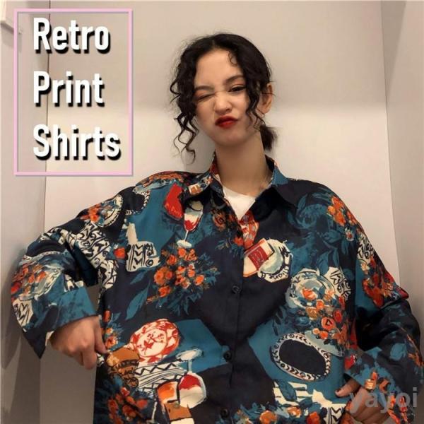 レトロ 花柄プリント シャツ サテンシャツ レディース 花柄シャツ レトロ柄 長袖シャツ サテン トップス プリントシャツ ストリートファッション 韓国 柄シャツ