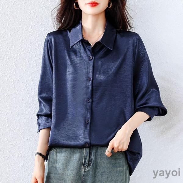 シャツ サテン ブラウス レディース 長袖 オフィスカジュアル40代 大人きれいめ 大きいサイズ展開 トップス 上品 開襟シャツ ボタンシャツ チュニック丈 ロング