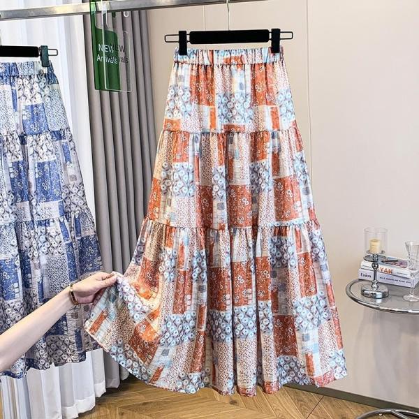 ティアードスカート ロングスカート レディース 春 夏 花柄 パッチ