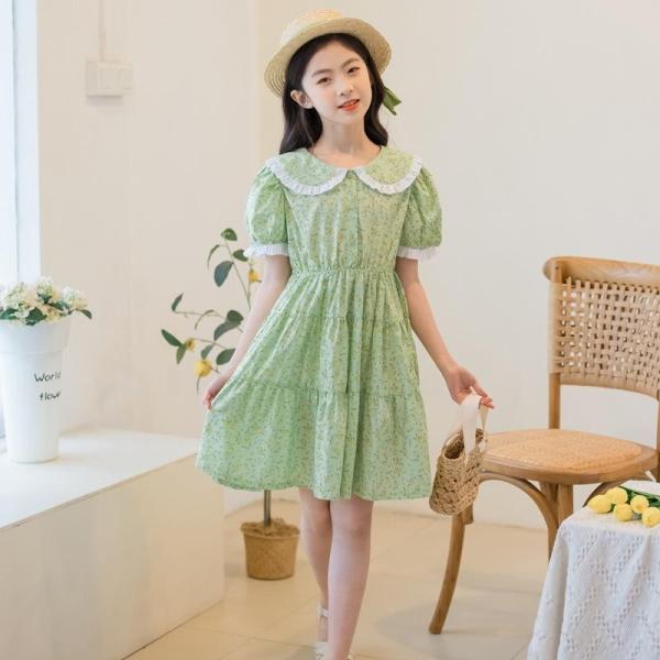 ワンピース 女の子 キッズ 子供 小学生 半袖 小花柄 丸襟 パフスリーブ ティアード 膝丈 Aライン ふんわり おしゃれ 可愛い 夏