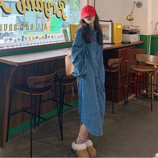 デニムワンピース 長袖 ロング デニム ロングワンピース 大きいサイズ デニムワンピ シャツ シャツワンピ マキシワンピース マキシ丈 春 秋