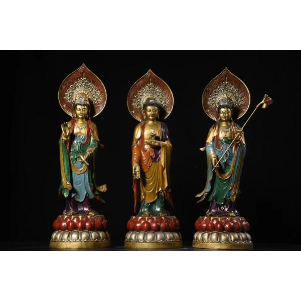 ネパール寺院風青銅製三賢者像 釈迦牟尼仏 観音菩薩 マハースタハマプラプタ 仏教像 高さ47cm 仏像置物