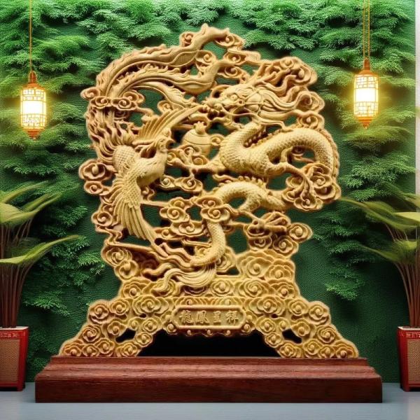 木彫り 龍 鳳凰 置物 中国神話 守護獣 装飾品 玄関 書斎 オフィス インテリア 贈答用 手彫り 木製 縁起物