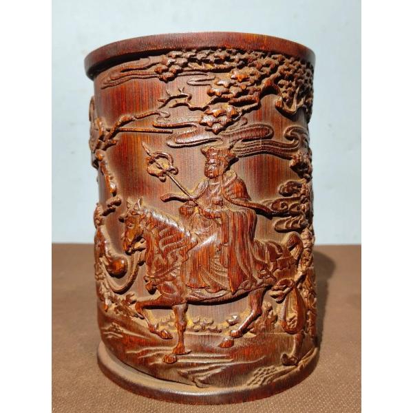 竹製 手彫り レリーフ 西遊記 四師匠と弟子 ペン立て 筆立て 置物 飾り コレクション 中国風 伝統工芸 書斎 デスクトップ