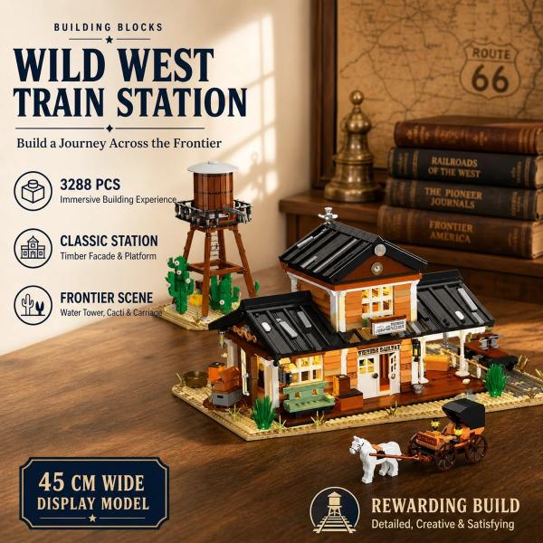 約800ピース 西部開拓時代の鉄道駅ビルディングブロックセット 水塔と馬車付き 【Wild West Train Station