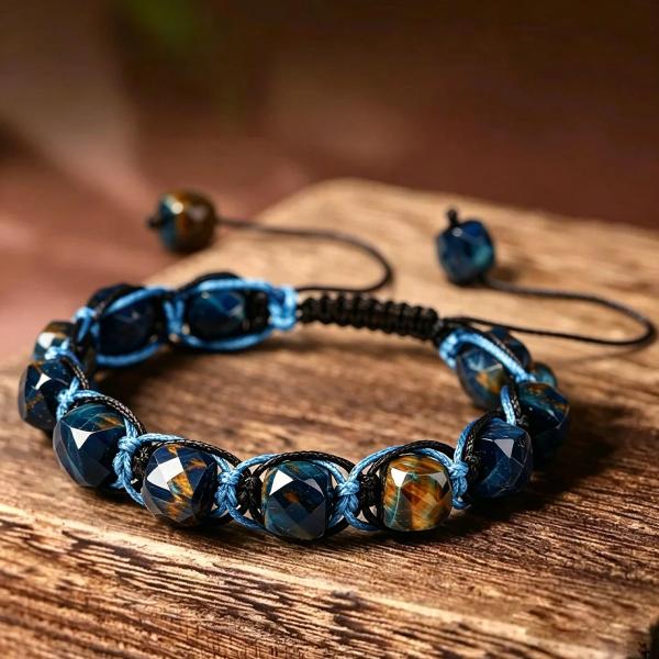 天然黒曜石ブレスレット 男性用 調整可能編みひも ラッキーストーン アクセサリー Blue Tiger Eyes