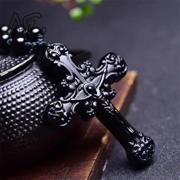 天然オブシディアン クロスペンダント 黒曜石 十字架 手彫り ジェズス アミュレット ネックレスチャーム 装飾品