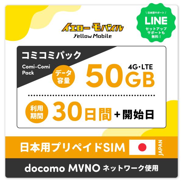日本国内データ専用SIM コミコミパック docomo MVNO回線　30日 50GB