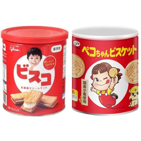 ＼ 2個セット ／保存食/グリコ Glicoビスコ保存缶 30枚 ＋ 不二家 ペコちゃんどこでもビスケット 保存缶 100g 計2個セット / 非常食 セット品 防災グッズ