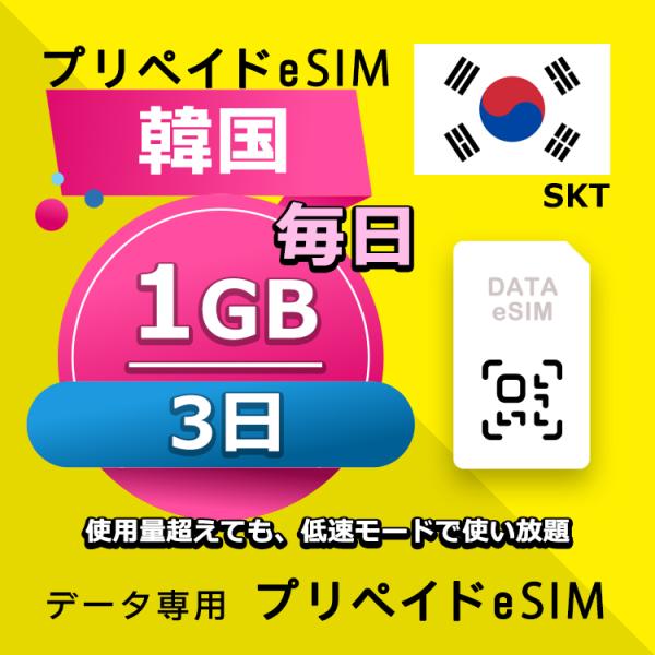 eSIM 韓国 データ通信 3日間 毎日 1GB esim 格安eSIM SIMプリー 韓国 プリペイド esim データ専用 SKT