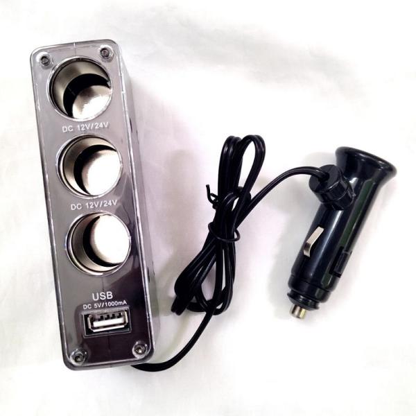 3ウェイの車両用12Vシガーソケット分配器☆ USBポートも増設します☆用途：車載アイテムやUSB機器を複数同時に使用可能！【商品サイズ】11.5×5×3.3ｃｍ【入出力電圧】シガレットプラグ12V / 24V　※分配のみで電圧の増幅機能は...