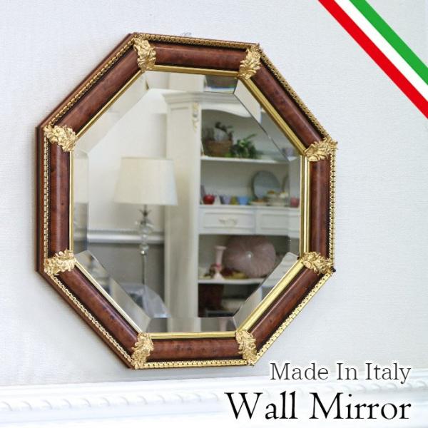 鏡 姿見 壁掛け おしゃれ 全身 イタリア製 八角形ウォールミラー 鏡 ブラウン Con Imedia Net