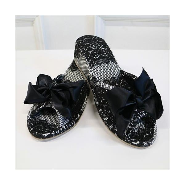 スリッパ 好評 おしゃれ 来客用 ヒールスリッパ ルームシューズ リボン ブラック レース