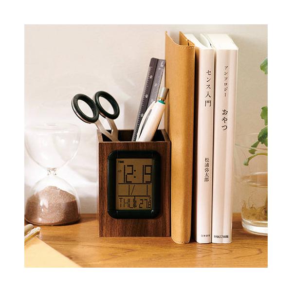 ウッド調ペンスタンドクロック 販促 記念品 ノベルティ 粗品 ばらまき 景品 置時計 目覚まし時計 ナチュラル