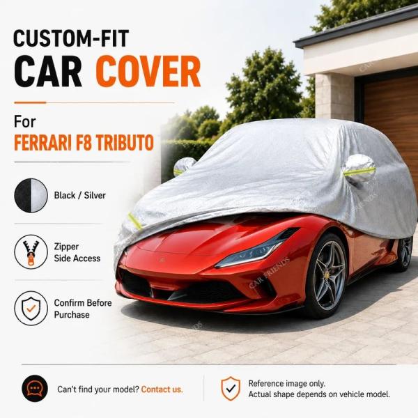 並行輸入品 フェラーリF8トリブート専用フルカーカバー シルバーコーティングオックスフォード生地 サイドジッパーアクセス UVカット 反射 ストリップ
