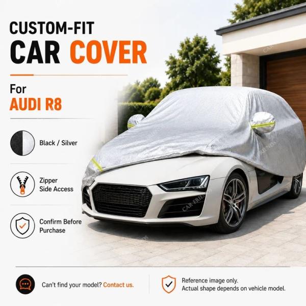 並行輸入品 アウディR8専用フルカーカバーシルバーコーティングオックスフォード生地サイドジッパーアクセスUVカット屋外 パーキング用